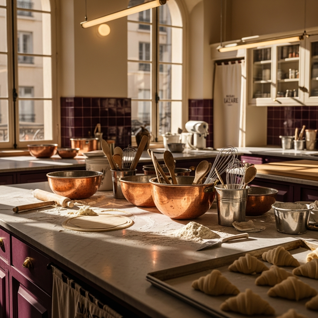 The interior of Maison Lazare patisserie atelier in Lyon, warm morning light streaming through tall windows, marble worktops dusted with flour, copper mixing bowls, artisanal atmosphere, warm cream and aubergine tones, editorial food photography style