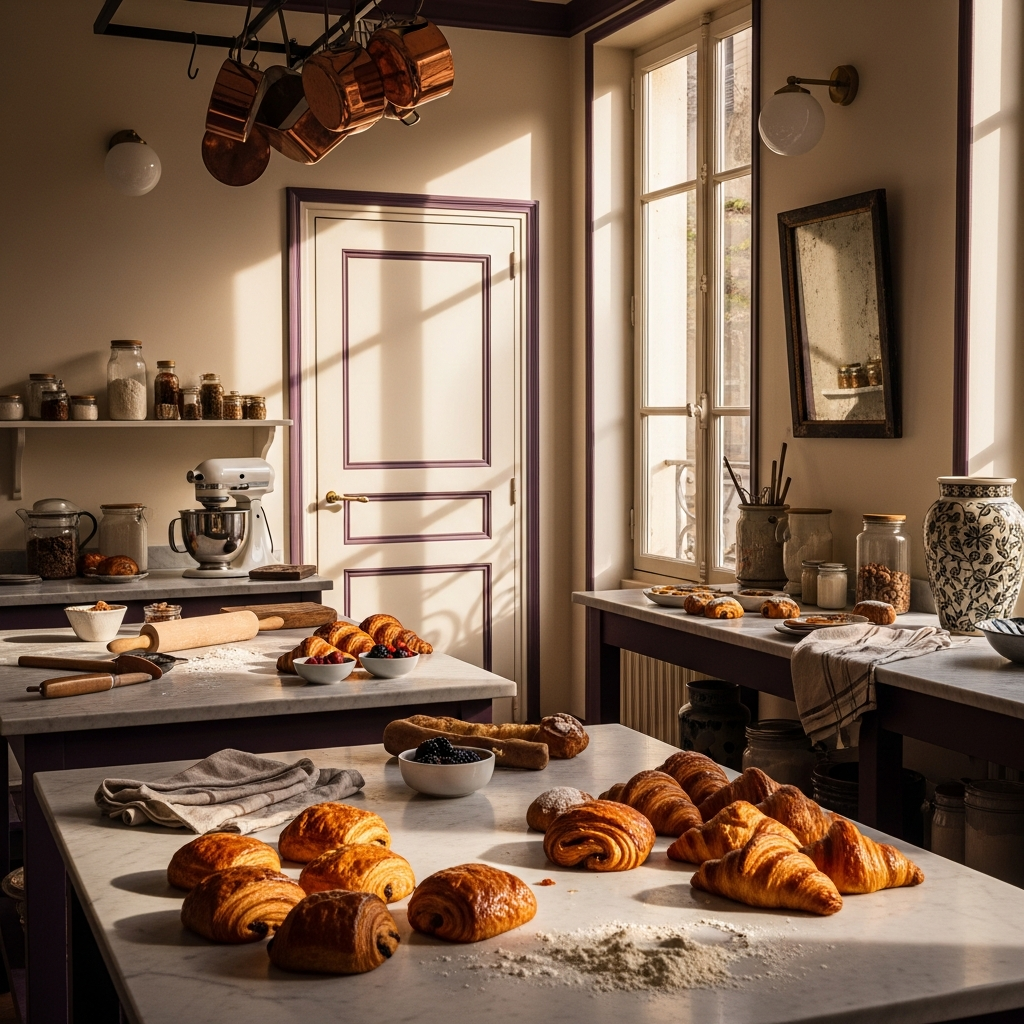 Interior view of Maison Lazare's intimate atelier in Lyon, warm afternoon light filtering through windows, cream-colored walls with aubergine accents, marble work surfaces, fresh viennoiserie in the foreground, soft editorial photography style, warm and inviting atmosphere