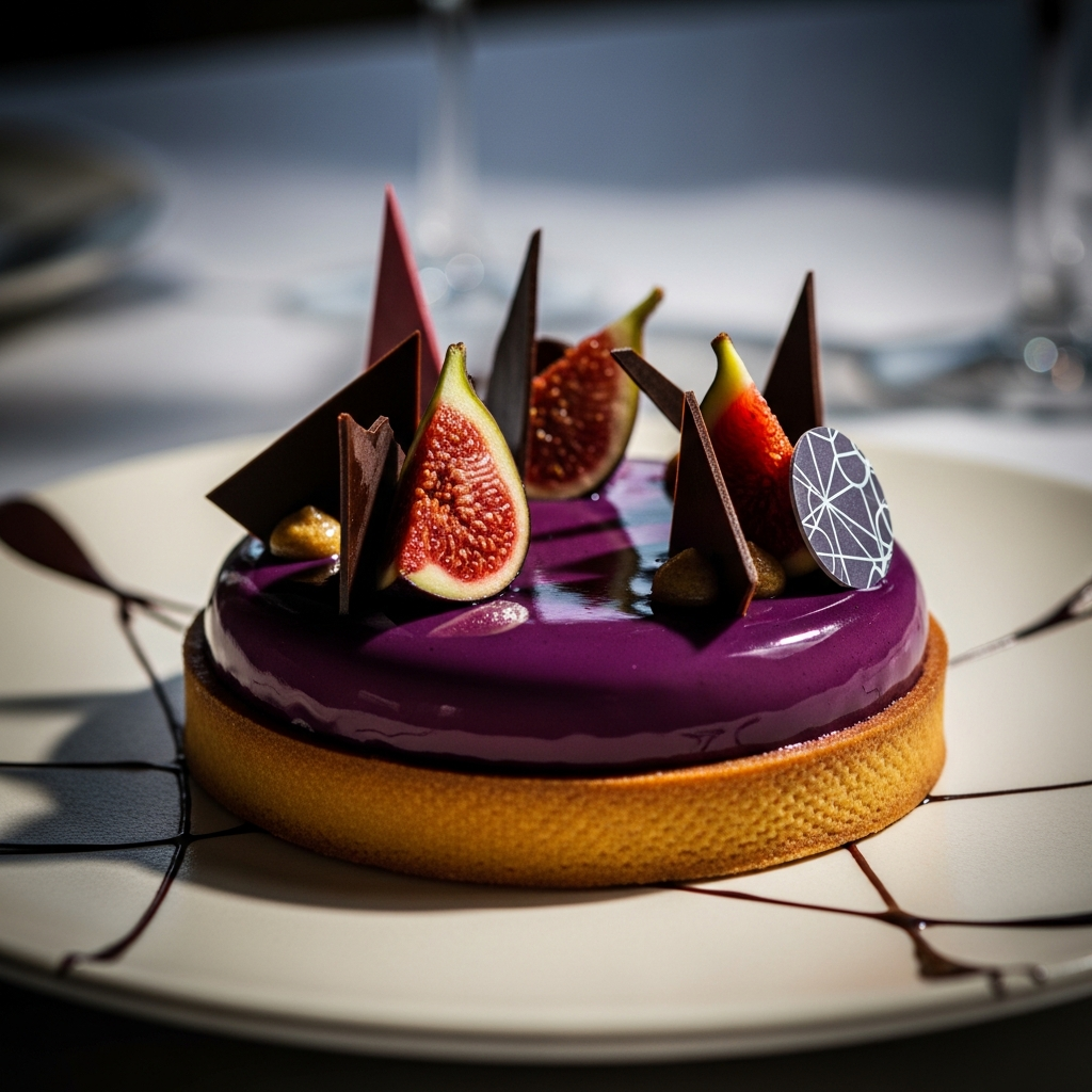 Contemporary pâtisserie tart with deep purple fig glaze, geometric garnish, on cream plate, fine dining editorial photography, moody light