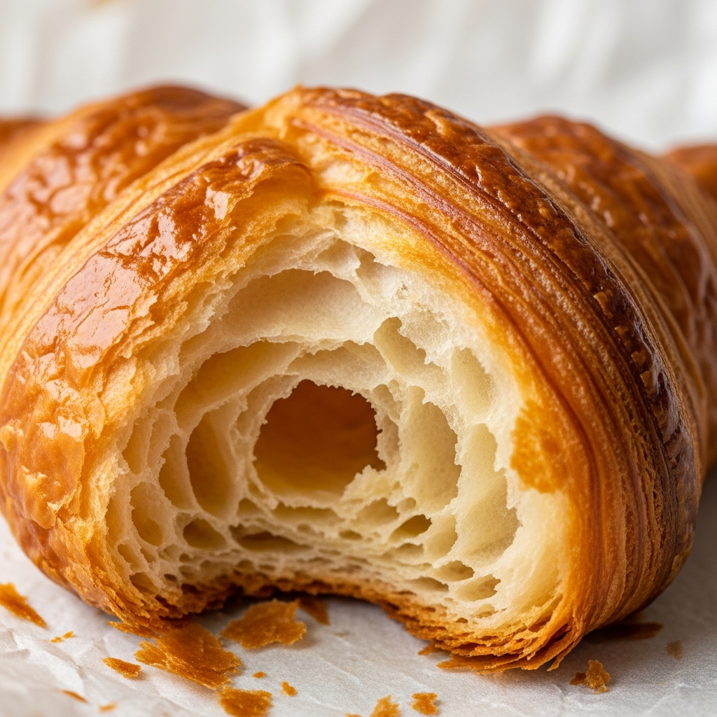 Extreme closeup of a freshly baked croissant, golden flaky layers visible, honeycomb interior exposed, warm buttery glow, placed on parchment paper, editorial food photography, cream and amber tones, soft natural light, Maison Lazare patisserie Lyon