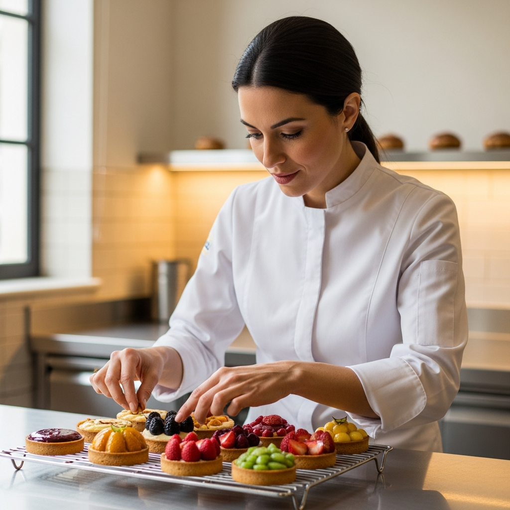Portrait of female co-founder patissiere at Maison Lazare, arranging tarts on a cooling rack, focused and elegant, natural light, editorial portrait style, warm cream tones, contemporary French patisserie