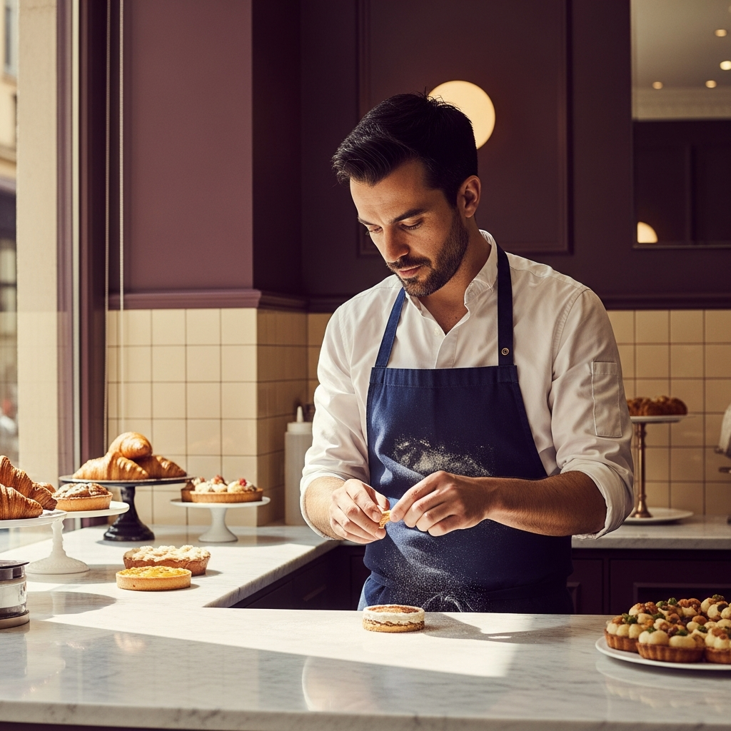 Portrait of male co-founder patissier at Maison Lazare, working at marble counter, focused expression, flour dusted apron, natural window light, editorial portrait style, warm aubergine and cream tones, Lyon patisserie