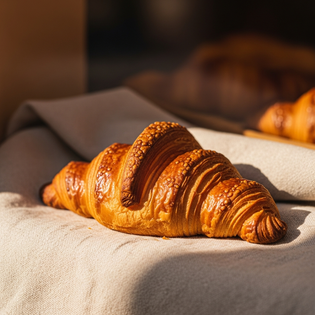 Golden laminated croissant with honeyed layers resting on cream linen, morning light streaming through a Lyon bakery window, cinematic editorial food photography, warm amber tones