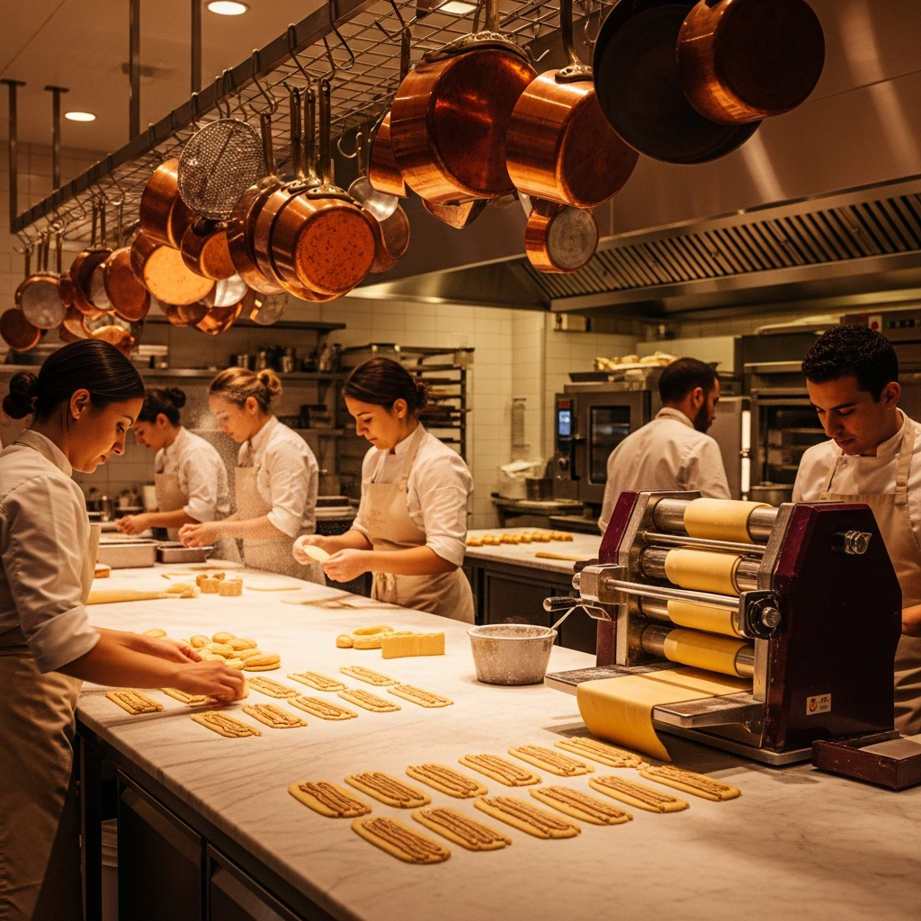The working laboratory kitchen of Maison Lazare patisserie, professional kitchen in action, marble surfaces with laminated dough, copper pots, a laminator machine, morning baking, warm ambient light, editorial documentary style, cream and aubergine color palette