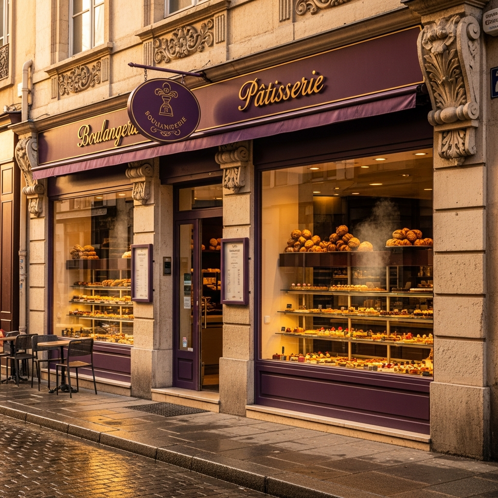Elegant artisan pâtisserie storefront in Lyon, early morning, soft aubergine signage, cream stone façade, editorial photography, warm golden light