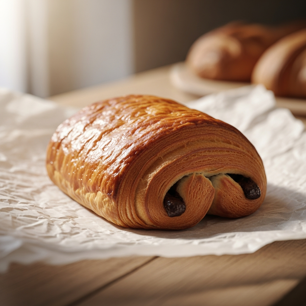 Pain au chocolat with dark chocolate visible at cut end, laminated layers, rustic parchment paper, warm bakery morning light, French artisanal patisserie