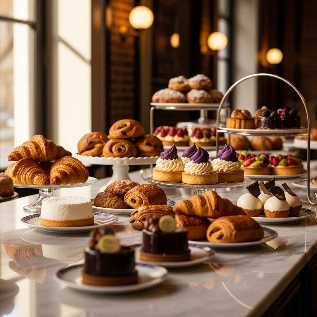 A beautifully arranged patisserie display case filled with croissants, pain au chocolat, tarts and entremets, morning light, marble counter, inviting and warm, editorial photograph, Lyon artisan patisserie atmosphere, cream and aubergine tones