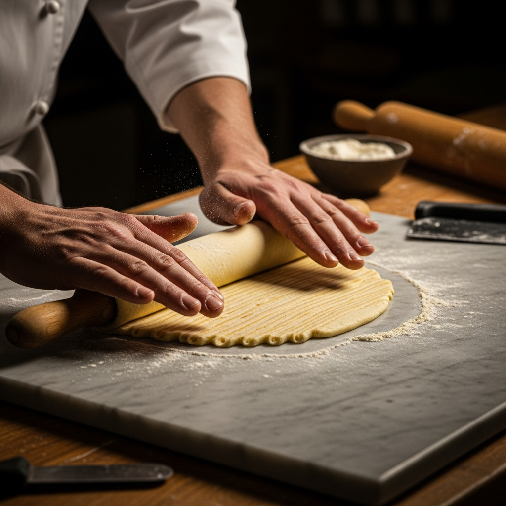 Pastry chef's hands gently rolling laminated viennoiserie dough on marble surface, Lyon pâtisserie workshop, warm intimate light, editorial style