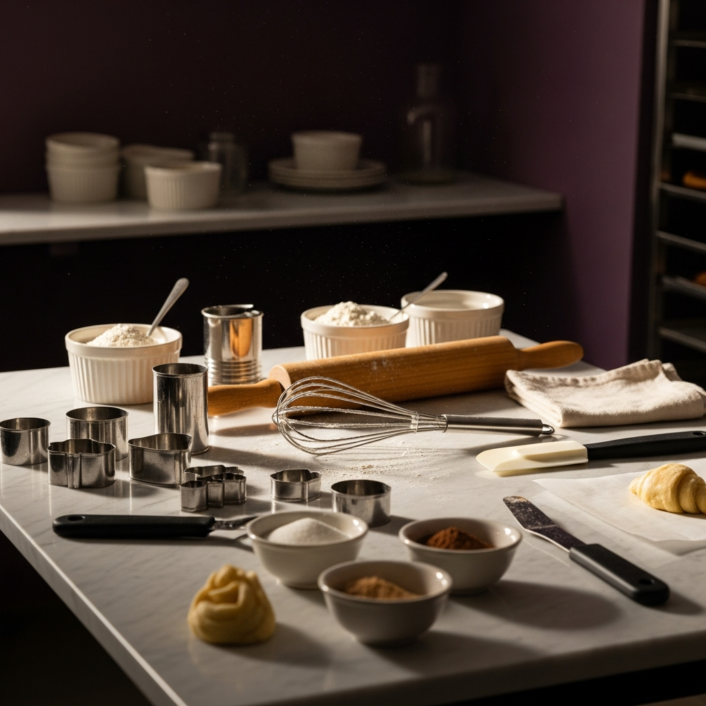 Intimate pâtisserie laboratory interior in Lyon, marble worktop with pastry tools, warm morning light, aubergine and cream tones, editorial photography