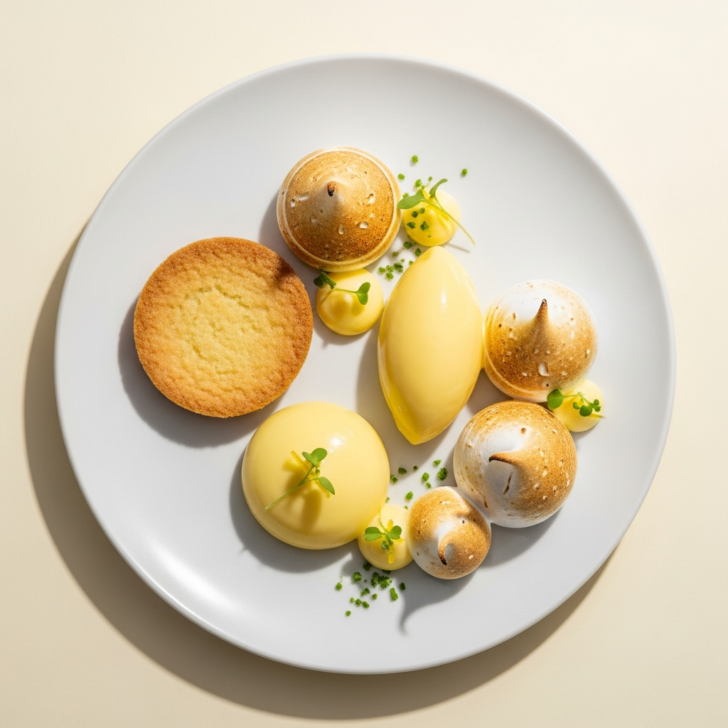 An elegant tarte au citron revisitee on a white plate, torched Italian meringue peaks, glossy lemon cream, precise and beautiful, overhead editorial food photography, minimalist styling, pale cream background, contemporary French patisserie